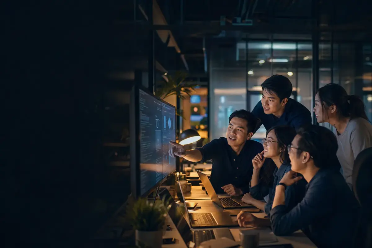 Đội ngũ tech partner thảo luận dự án trước màn hình
